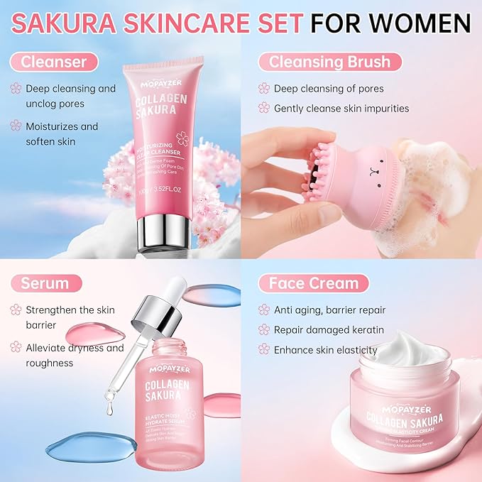 Sakura Skin Care Set for Teen Girls, Skincare Gift Set for Teens 10-12, Hydrating & Soothing, 5 Pcs Collagen Skincare Routine Kit for Women with Cleanser, Serum, Cream, Bunny Headband, Cleansing Brush
