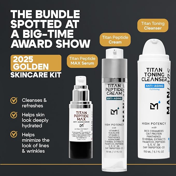 Titan Peptide 3-Piece Anti-Aging Mens Skin Care Kit – Wash, Face Serum, Mens Face Moisturizer – Men, Skin Care Set – Dark Spots, Wrinkles, Fine Lines – Vitamin C, Niacinamide, HA – Unscented