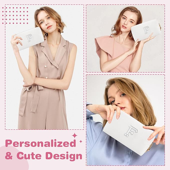 Bride Gifts – Personalized Initial Makeup Bag with Pearl Rhinestone Patch, Preppy White Monogram Cosmetic/Toiletry Pouch, bridesmaid Gifts, Bridal Shower Gifts, Wedding Gifts, Bridal Gifts,F