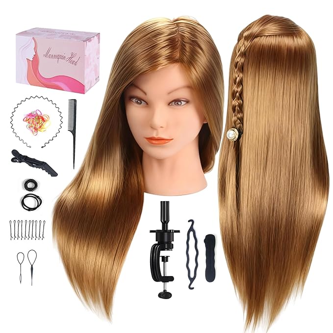 Mannequin Head with Hair, Beauty Star Doll Head for Styling, 20 Inch Long Gold Syntheic Hair Cosmetology Manikin Training Head Model, Hairdressing Practice Head with Clamp Stand and Braiding Kit