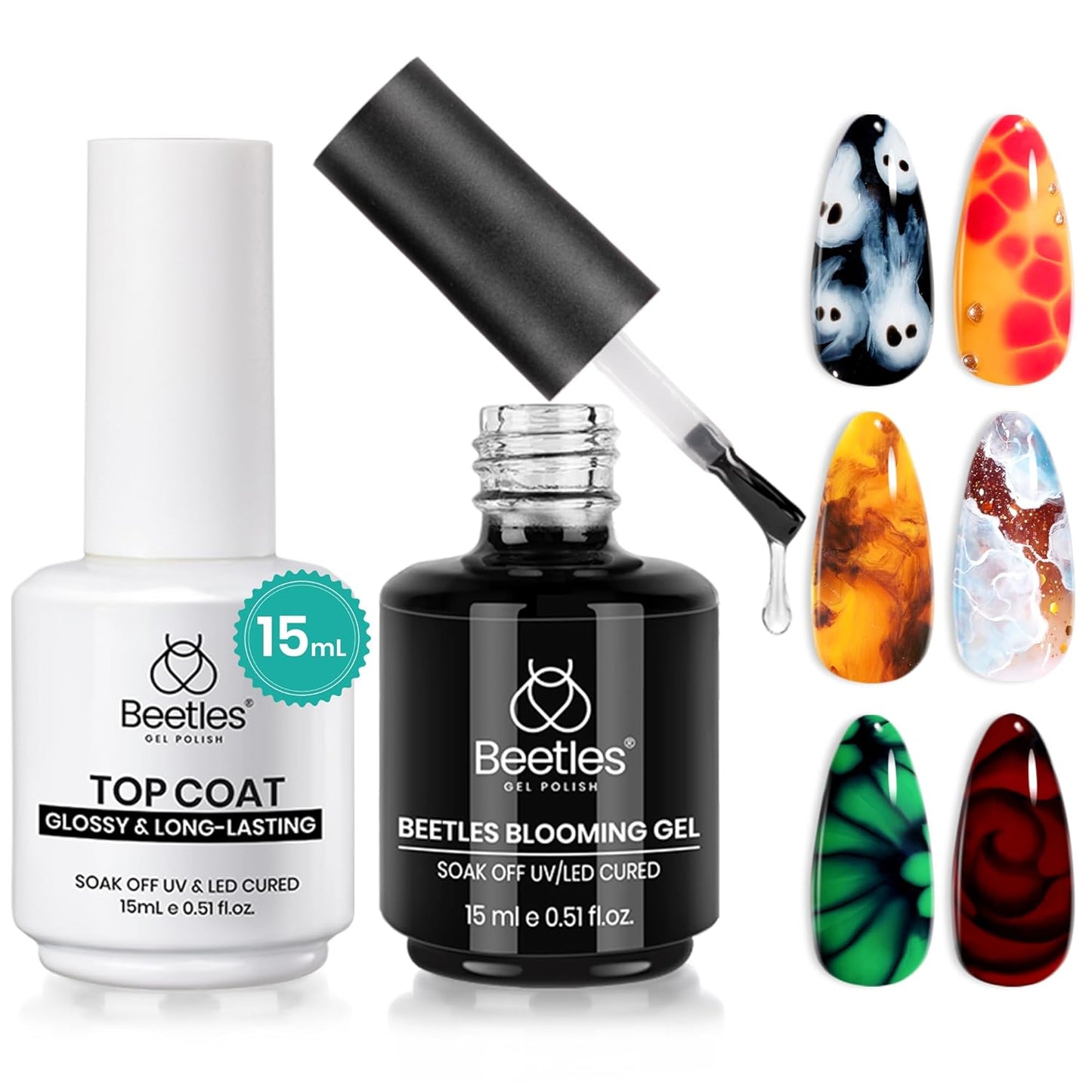 Beetles Blooming Gel and Extra Glossy No Wipe Gel Top Coat Nail Polish Halloween Set, for Spreading Effect Marble Natural Stone Watercolor Floral Print Nail Art Painting