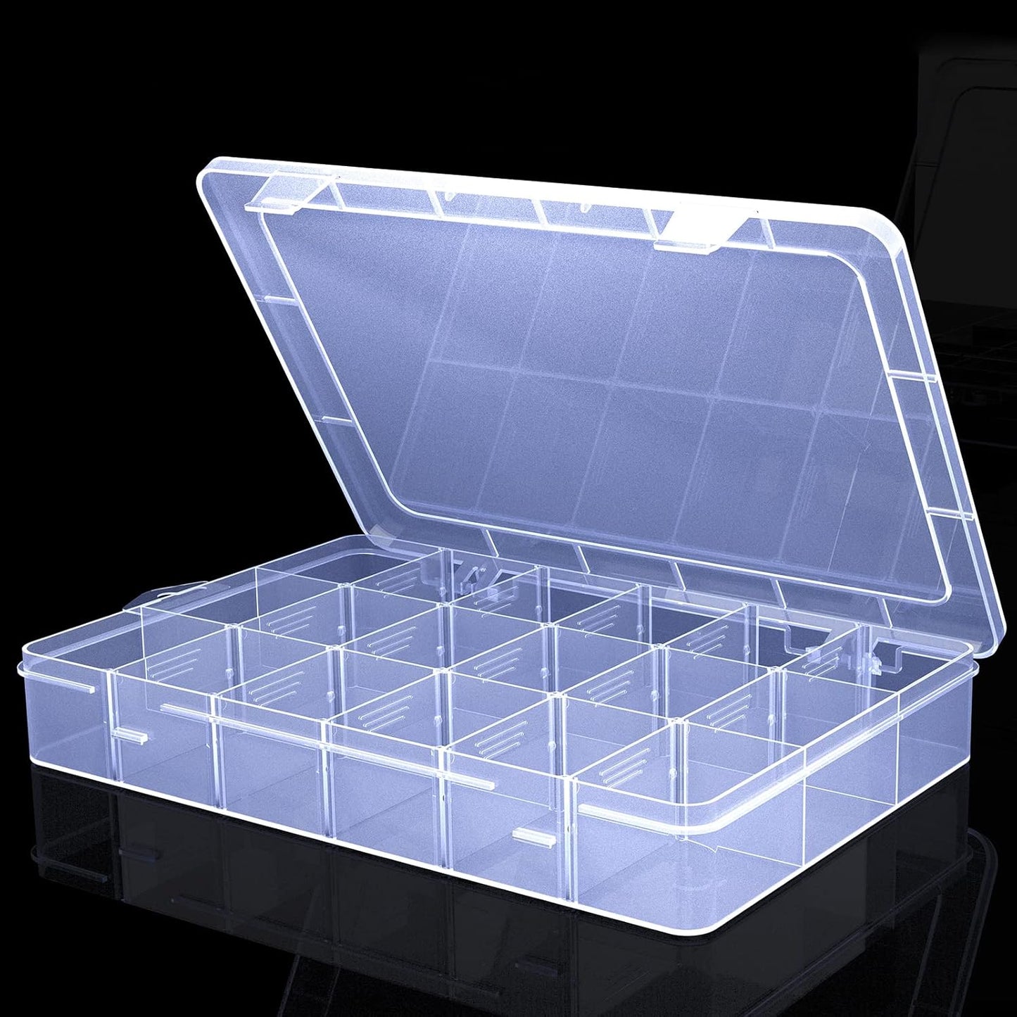 Large18 Grids Clear Organizer Box Snack Box with Removable Dividers for Fishing Hook,Bead Organizer Case,Plastic Storage Containers for Small Parts