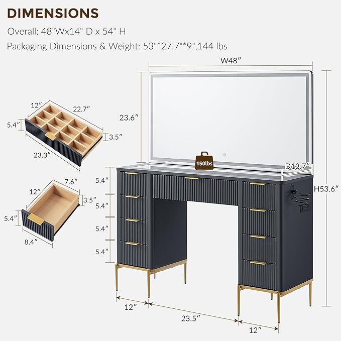 T4TREAM 48" Fluted Makeup Vanity Desk with 48" Large Mirror and HD LED Lights, Modern Vanity Table with 9 Drawers & Charging Station, Glass Top and Golden Handles Dressing Table for Bedroom,Dark Grey