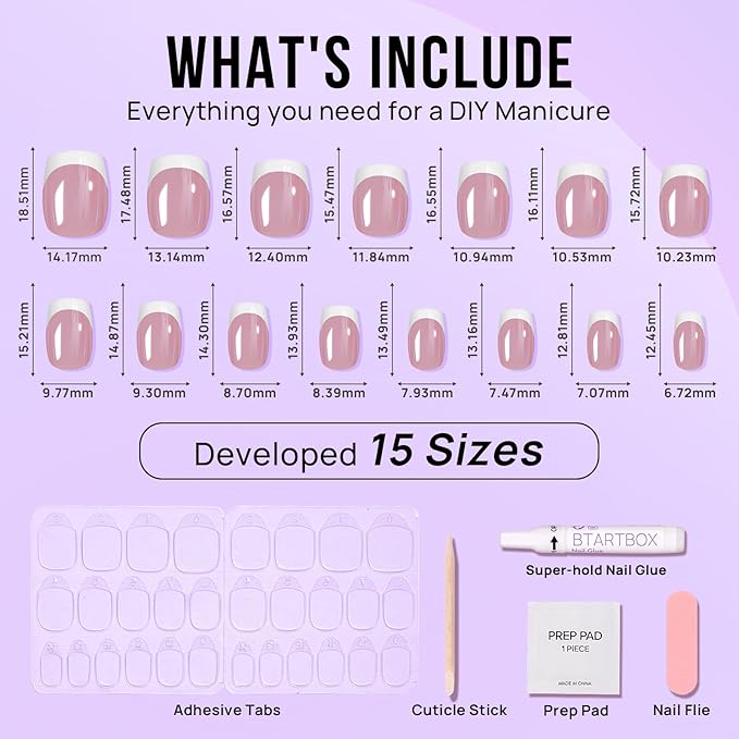 BTArtbox Press on Nails Short - White French Tip Press On Nails Square, Chrome Glazed Glue On Nails, Stick On Nails in 15 Sizes - 30 Soft Gel Fake Nail Kit, Be Elegant