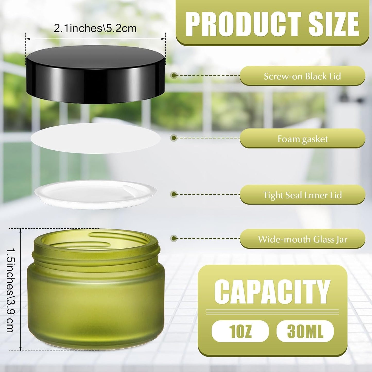 Domensi 100 Pcs 1 oz Glass Jars with Lids Bulk Round Glass Cosmetic Jars Lids 1 oz Small Travel Containers with Inner Liner for Lotions Powders Ointments Sample Cream(Bean Green,Black)