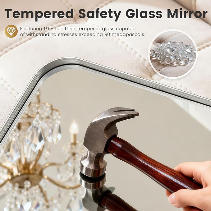 22X34 Inch Brushed Nickel Bathroom Mirror for Wall, Brushed Silver Metal Framed Mirror, Rounded Rectangle Silver Bathroom Mirrors, Tempered Glass, Anti-Rust, Hangs Horizontally or Vertically