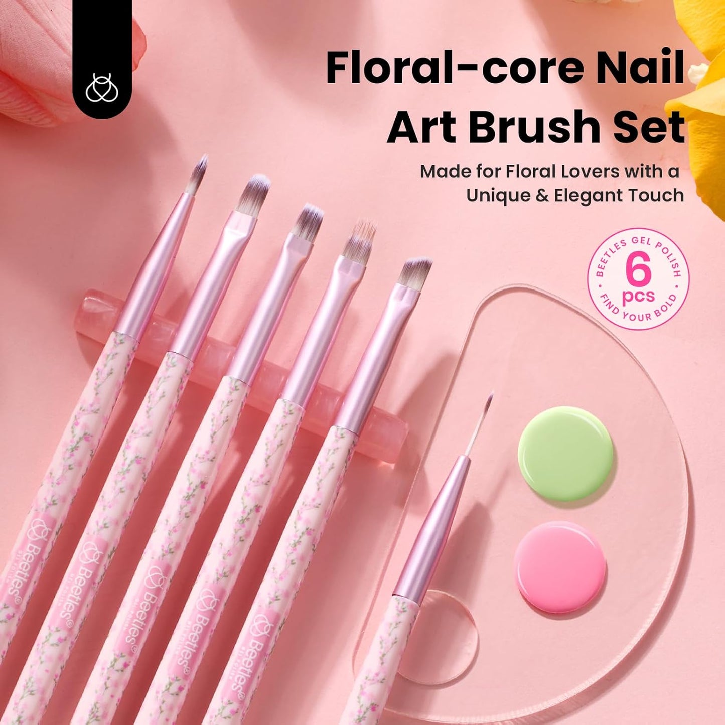 Beetles Gel Polish Nail Art Brushes Set - 6 Pcs Fingernail Art Design Pen, Floral Pattern Handle, Gradient Bristles Nail Brush Set DIY with Palette Dotting Manicure Tool Kit