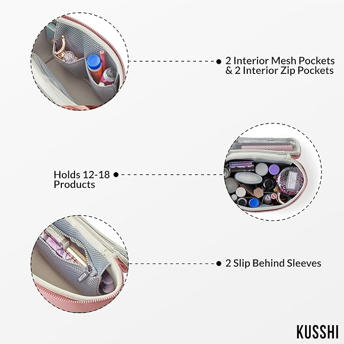 KUSSHI Neoprene Train Case Makeup Bag - Washable Makeup Travel Bag & Vanity Case for Stress Free Travel (Small, Mauve/Stone)