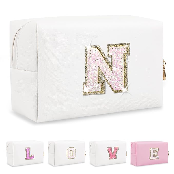 Small Initial Patch Makeup Bag Personalized Gifts Make Up Bag,White Cute PU Leather Glitter Letter Cosmetic Bag with Zipper,Trendy Portable Travel Toiletry Pouch,Preppy Stuff for Teen Girls Women N