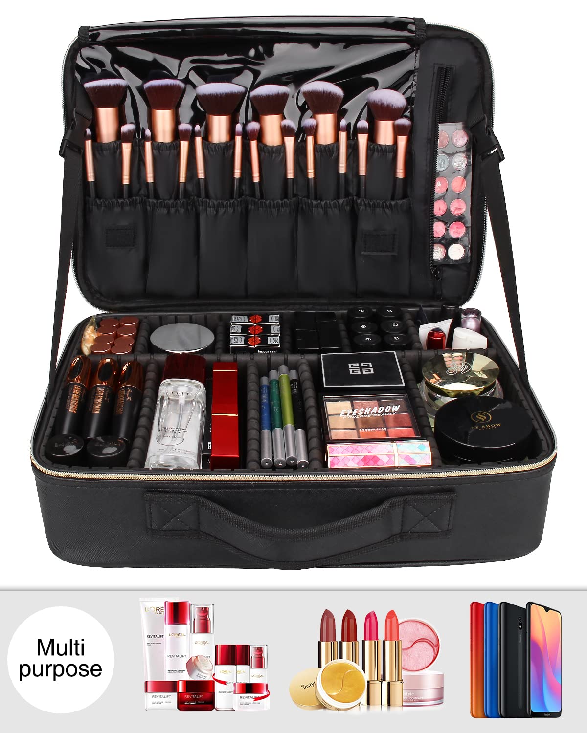 MONSTINA Large Makeup Travel Case Bag,Professional Makeup Artist Train Case with Brush organizer,Large Capacity Cosmetic Bag with Zipper Pocket and Adjustable Compartment（PU Leather Black）