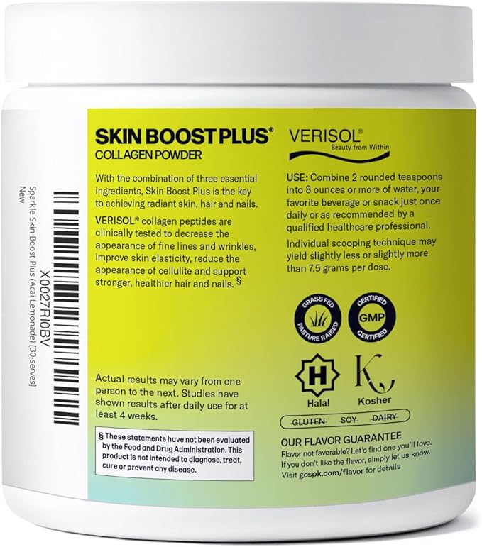 Sparkle Wellness VERISOL Bioactive Hydrolyzed Collagen Peptides | Collagen Powder with Vitamin C & Hyaluronic Acid for Hair, Skin, and Nail Health | Skin Boost Plus (Acai Lemonade) [30-Serves]