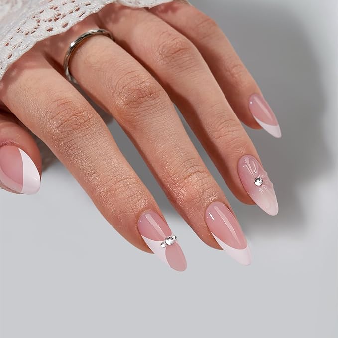 BTArtbox French Tip Press On Nails - Lamp-Curable 3D Medium Almond Press On Nails with Glue for Women, Semi-Transparent Soft Gel Glue On Nails in 15 Sizes - 30 Stick On Nails Kit, Prom Queen