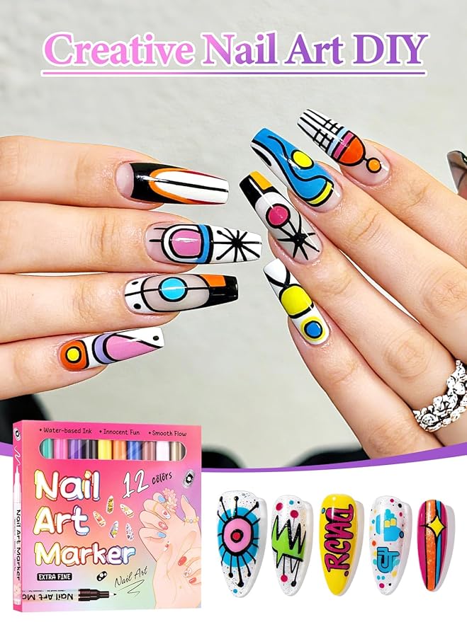 EBANKU 12 Colors Nail Art Marker Pens Set, Nail Polish Pen for Nail Art, Nail Pen for Painting Nail, Acrylic Paint Nail Point Dotting Liner Pen Tools for Home DIY Salon Nail