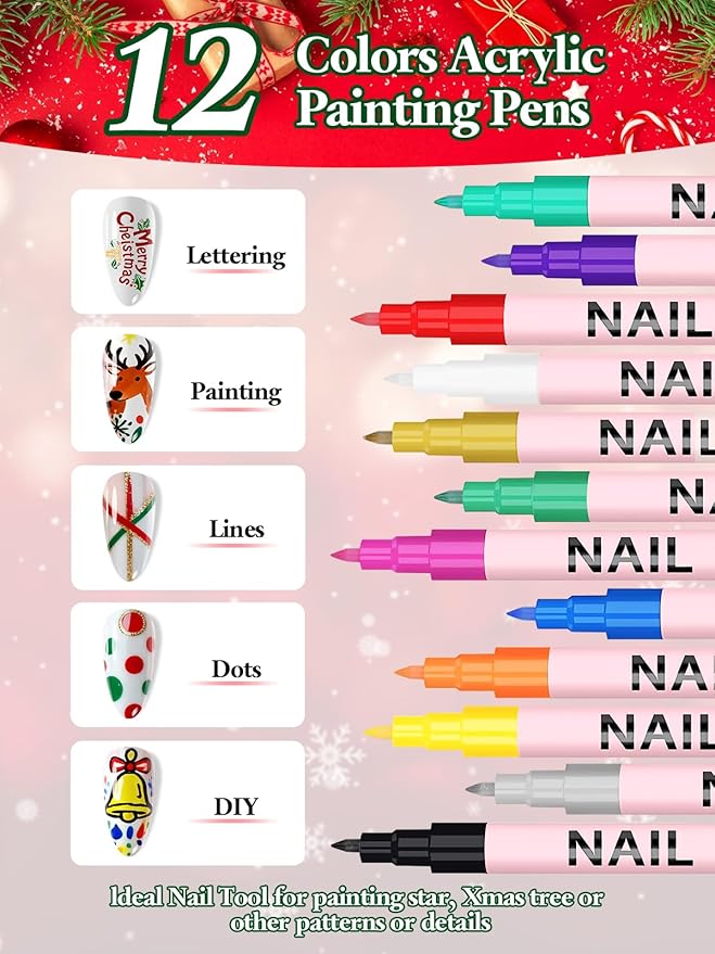 EBANKU 12 Colors Nail Art Pens Set, Christmas Nail Polish Pen Quick Drying 3D Acrylic Paint Pen Nail Markers for Christmas Nail Art Painting Point Dotting Liner Pen Manicure Tools Nail Design