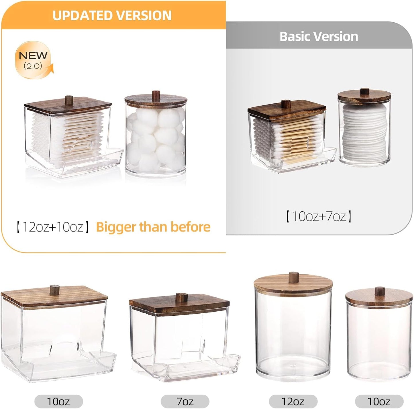 Tbestmax Qtips Dispenser, 10/12 oz Big Cotton Ball Holder Bathroom Container, Plastic Apothecary Jar Organizer for Storage Swab, Round Pads, Floss Picks - Wood Lids