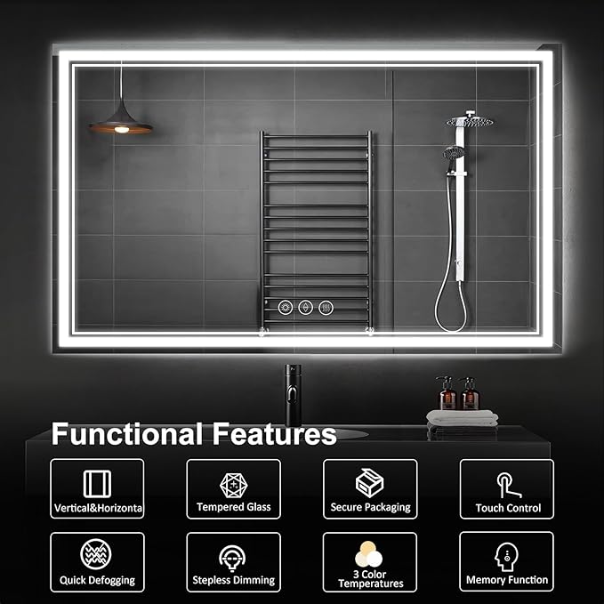 LED Bathroom Mirror 60"x36", 3 Colors Frontlit, Stepless Dimmable, Anti-Fog, Memory, Wall Mounted Vanity Mirror with Lights, Eco Copper-Free, Perfect for Bathroom & Bedroom