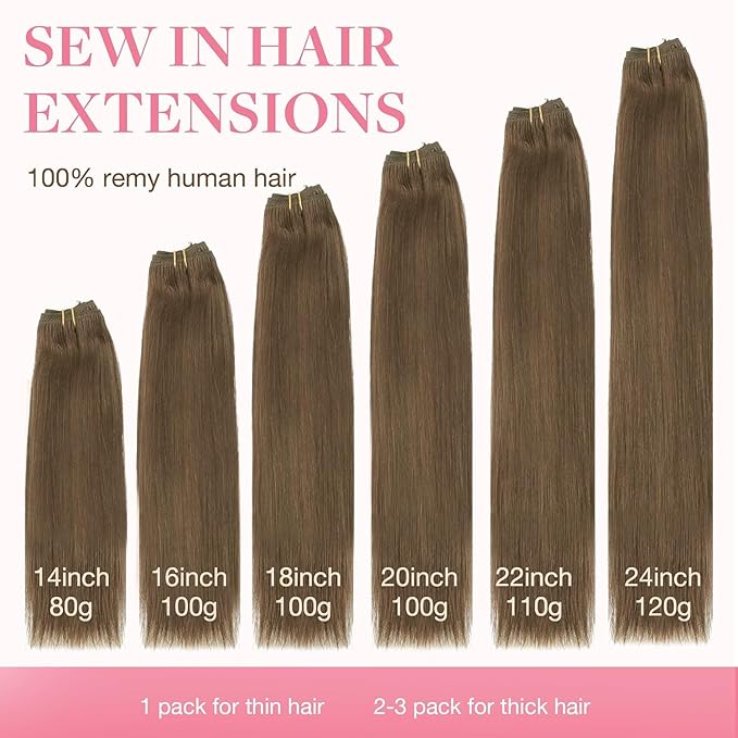 GOO GOO Sew in Hair Extensions Real Human Hair, Weft Hair Extensions Human Hair, 5 Light Ash Brown 24inch 120g, Weft Bundles Straight Silky Remy Hair