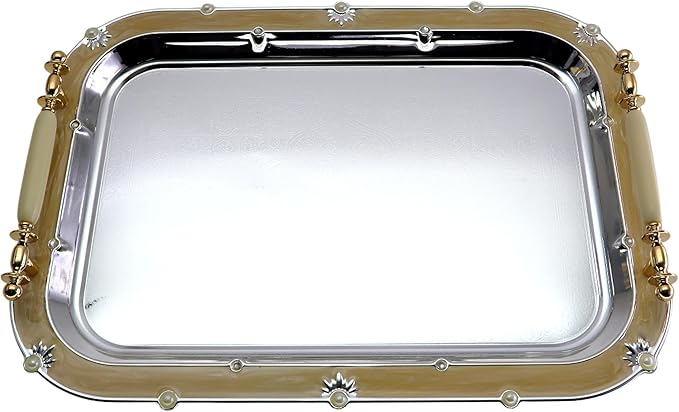 (Pack of 2) 16.3 inch x 11.8 inch Oblong Chrome Plated Serving Tray with Handles Mirror Iron Gold Floral Edge Decorative Party Wedding Buffet Wine Decor Platter Plate Base FST-010