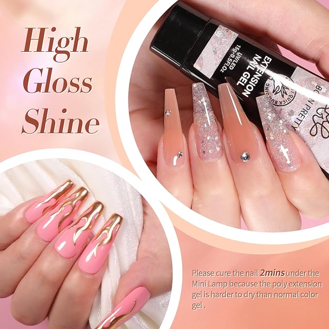 BORN PRETTY Poly Extension Gel Kit-12 Colors Extension Nail Gel Kit Nude Clear Jelly Pink All-In-1 Kit Builder Glue with Nail Lamp Base Top Coat Set Nail Forms French Manicure Ideal Gifts