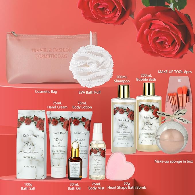 Valentines Gifts for Women - 21-Piece Luxury Rose & Jasmine Spa Gift Basket Set Bath and Body Gift Sets Care Kit with Make up sponge | Valentine's Day, Mothers Day Gifts Baskets for Mom, Wife