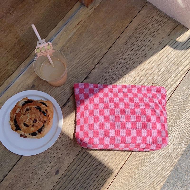 PAZIMIIK Knit Checkered Makeup Bag Large Zipper Make Up Accessory Pouch for Purse Cosmetic Brush Bag for Travel Essential,Hotpink