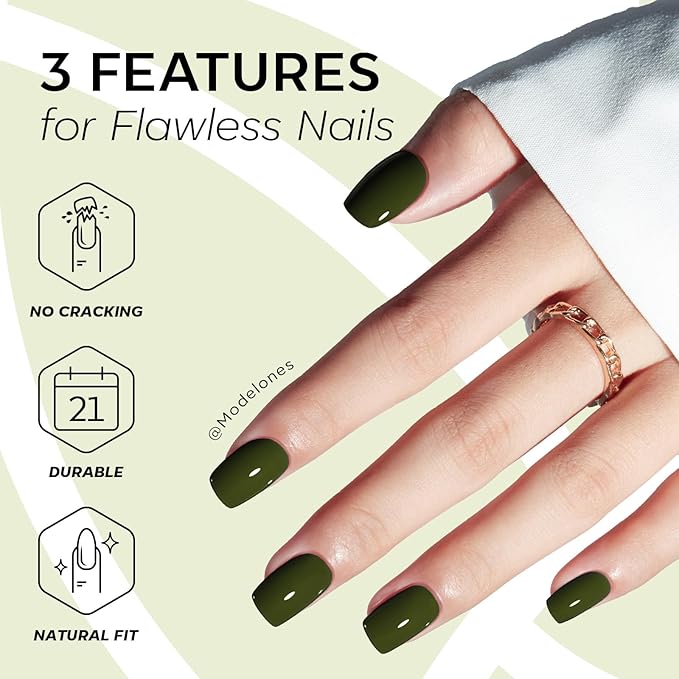 Modelones Moss Green Press on Nails, Short Square Fake Nails, Reusable Nail Kit with Nail Glue Adhesive Tabs Mini Nail File, Nails Press Ons 32Pcs16 Sizes, Spring