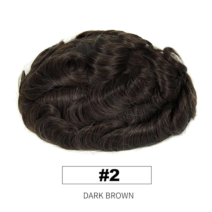 0.08mm Thin Skin Mens Toupee Human Hair, V-Looped Hairline 8x10 Inch PU Base 110% Medium Density Remy Human Hair System for Men #2 Dark Brown