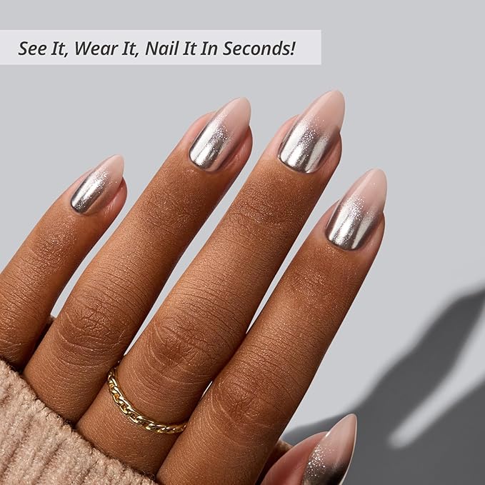 BTArtbox Press On Nails Short - Silver Fizz, Chrome Glitter Almond Press On Nails with Glue and Adhesive Tabs for Women in 16 Sizes - 32 Soft Gel Glue On Nails Kit