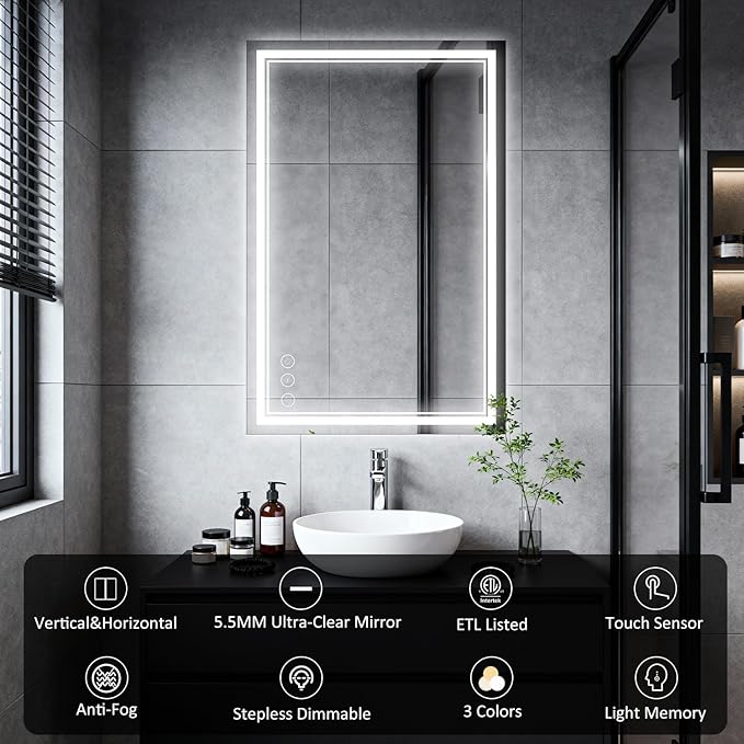LED Bathroom Mirror 40"x24", 3 Colors Frontlit, Stepless Dimmable, Anti-Fog, Memory, Wall Mounted Vanity Mirror with Lights, Eco Copper-Free, Perfect for Bathroom & Bedroom
