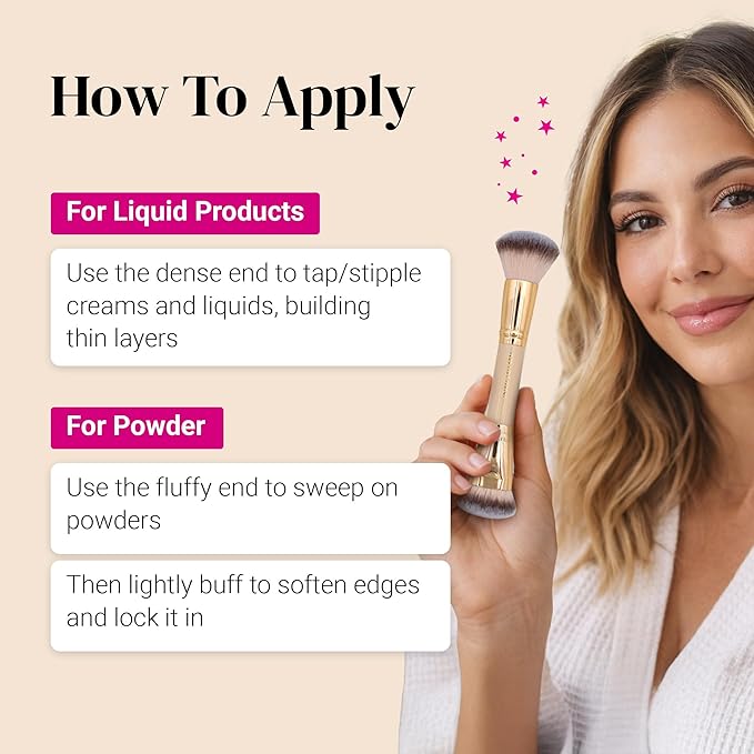 Keshima Dual-Ended Blush, Bronzer & Contour Makeup Brush - Dense Liquid End & Fluffy Powder End, Multi-Purpose Blending and Buffing for an Airbrush Finish, Works with Liquid, Cream & Powder, Gold