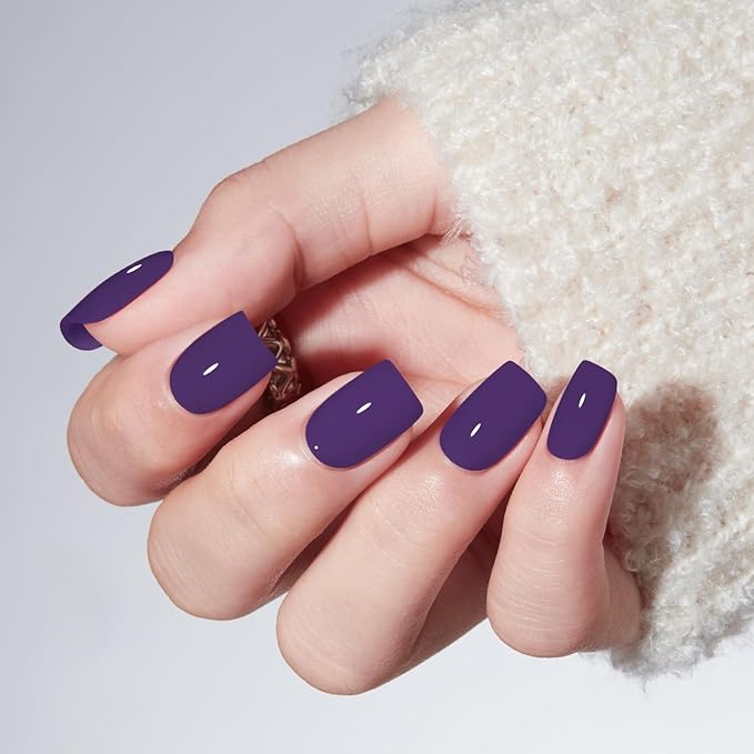 Modelones Midnight Purple Press on Nails, Short Square Fake Nails, Reusable Nail Kit with Nail Glue Adhesive Tabs Mini Nail File, Nails Press Ons 32Pcs16 Sizes