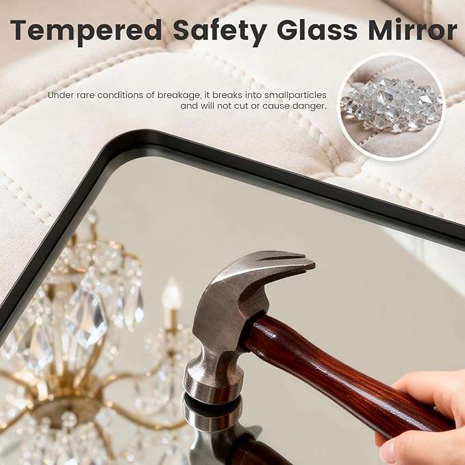 Black Bathroom Mirror for Wall, 24" x 30" Metal Framed Mirror, Rounded Rectangle Bathroom Mirrors, Black Bathroom Mirrors for Over Sink,Tempered Glass, Anti-Rust