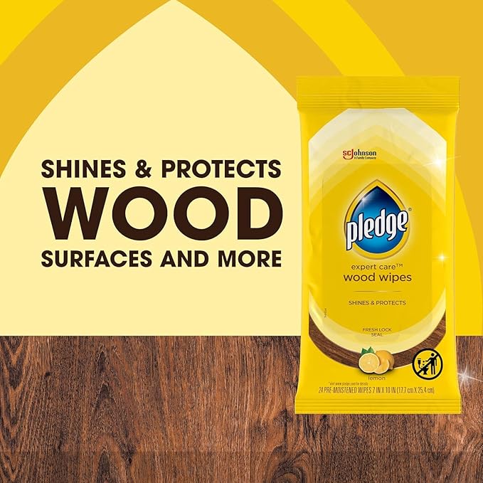 Pledge Expert Care Wood Wipes & Windex Ammonia-Free Glass Cleaning Wipes Bundle, 24ct Lemon Scent Wood Wipes & 25ct Ammonia-Free Glass Wipes for Surface Cleaning