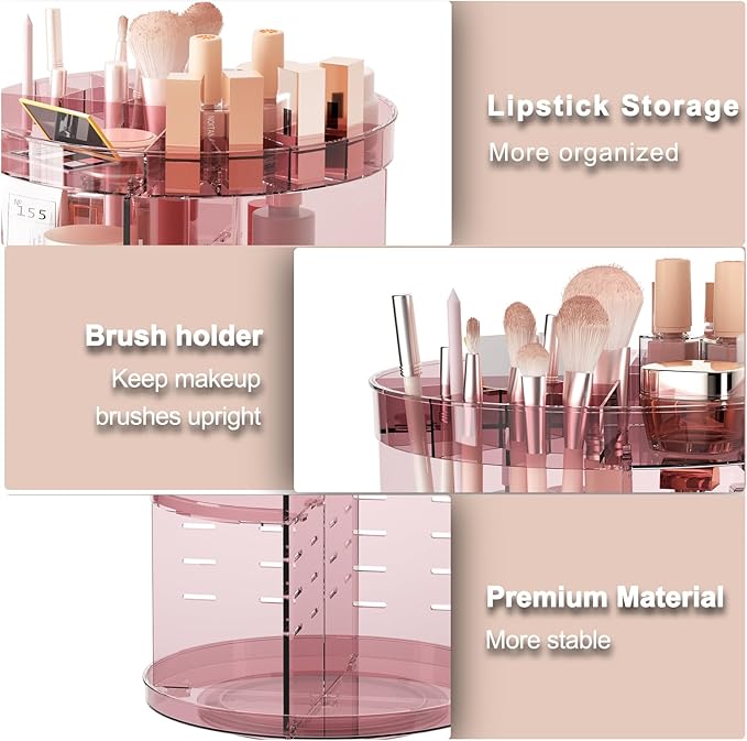 360 Rotating Makeup Organizer with Lipstick Slots, 8 Adjustable Layers Spinning Skincare Organizers, Large Capacity Desk Storage, Carousel Cosmetic Shelf for Vanity Bathroom Countertop