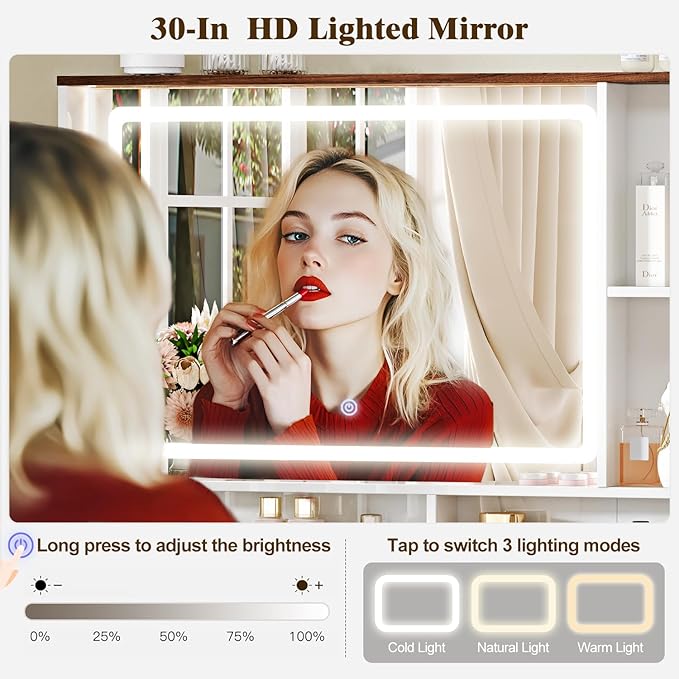 43" Large Vanity Desk with 30" HD Lighted Mirror,Modern Vanity Desk with Mirror and Lights, Makeup Vanity with 5 Drawers and Storage Shelves and Charging Station, White