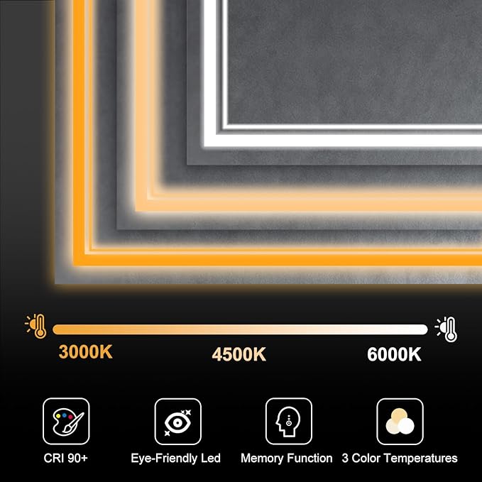 LED Bathroom Mirror 48"x36", 3 Colors Frontlit, Stepless Dimmable, Anti-Fog, Memory, Wall Mounted Vanity Mirror with Lights, Eco Copper-Free, Perfect for Bathroom & Bedroom