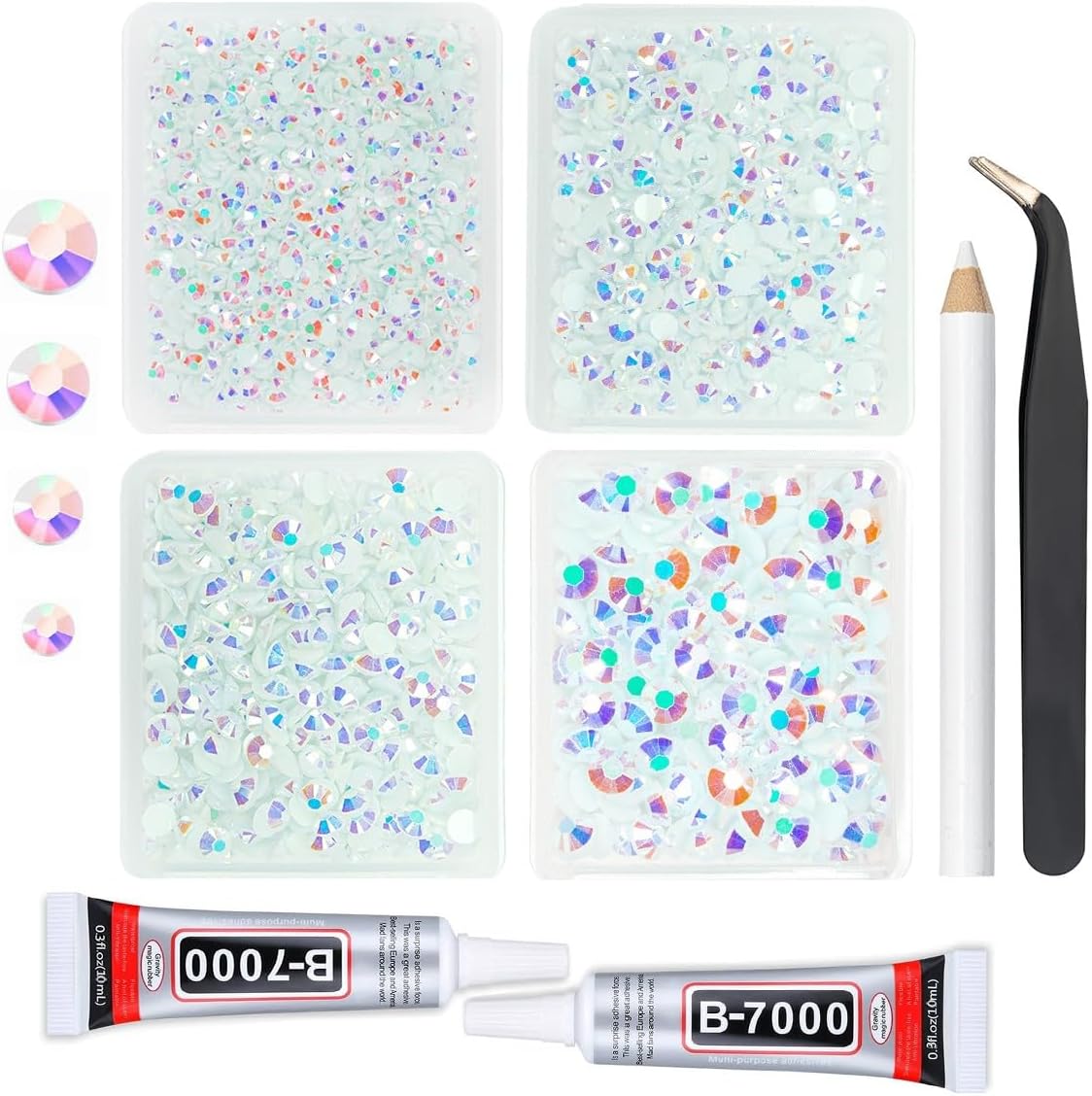 White AB Resin Rhinestones w B7000 Jewelry Glue for Bedazzling Crafting 3mm 4mm 5mm 6mm Flatback Jelly Stones Bulk SS10-SS30 Diamonds Crystals Gems for Nails Face Eyes Makeup Tumblers Crafts