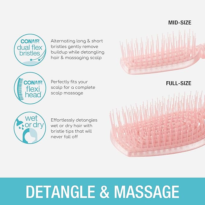 Conair Scalp Care Detangling hairbrush 2pk - Travel Hair Brush Set - Scalp Massager - hairbrushes for women & men - detangler for all lengths - use wet or dry - Blush Pink