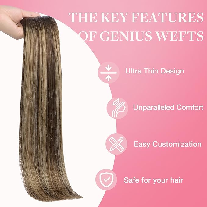 GOO GOO Genius Sew In Remy Weft Hair Extensions, 4/27/4 Balayage Chocolate Brown to Caramel Blonde 16inch 100g, Hand Tied
