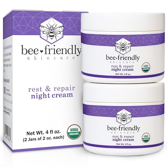 BeeFriendly Organic Night Cream, USDA Certified Organic, Deep Hydrating & Moisturizing Night Time Eye, Face, Neck & Decollete Cream for Women and Men, Skin renewing 4 oz (2 Jars in box)