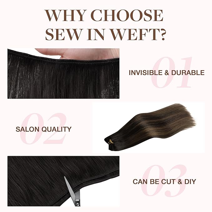 GOO GOO Sew in Hair Extensions Real Human Hair, Weft Hair Extensions Human Hair, 1B/6/1B Balayage Natural Black to Chestnut Brown 18inch 100g, Weft Bundles Straight Silky Remy Hair