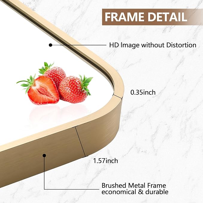 Gold Mirror, 30x36 Inch Framed Rectangle Mirror with Rounded Corner, Brushed Brass Mirror, Gold Bathroom Mirror for Over Sink, Vanity, Living Room, Bedroom, Horizontal/Vertical