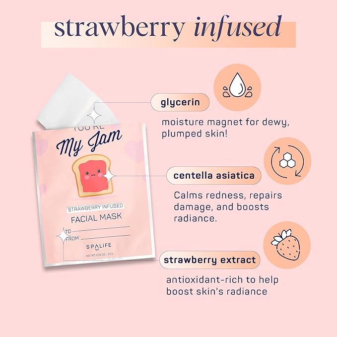 SpaLife Let’s Avocuddle & You're My Jam Valentines Face Masks Bundle | Avocado and Strawberry Extract Infused Sheet Mask Sets for Hydration and Glow | Perfect Valentines Day Skincare Gift Set.