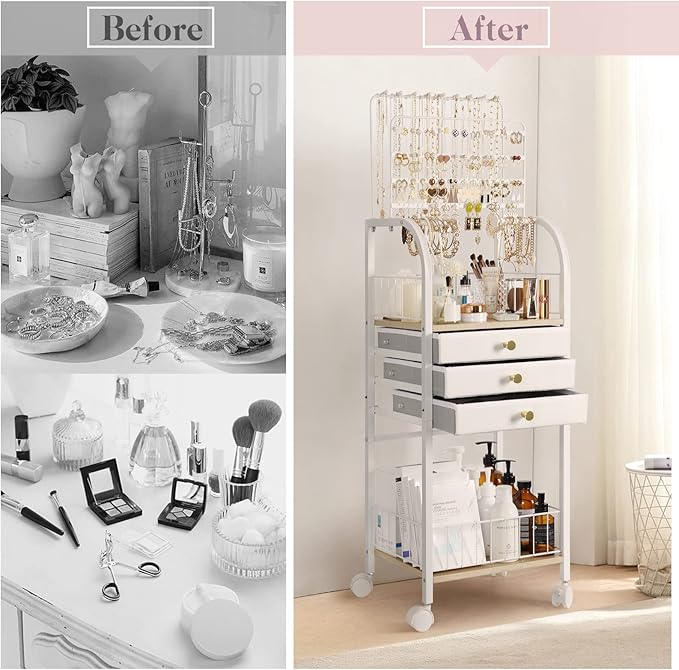 Keebofly Jewelry Organizer Stand with 3 Drawers, Large Necklace Holder & Earring Organizer Rack, Wooden Jewelry Tree Tower for Rings, Bracelets, Sunglasses and Skincare, Gift for Women, White