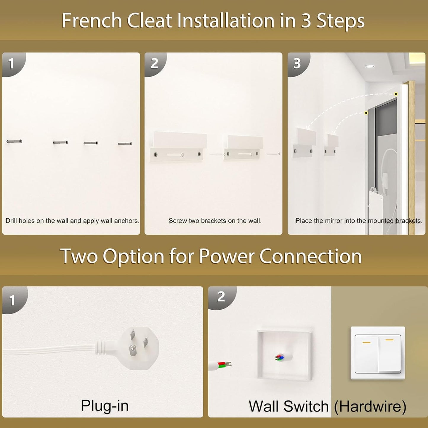 OKPAL 24x36 Gold LED Bathroom Mirror with Lights, Frontlit & Backlit Metal Framed Mirror, Lighted Bathroom Vanity Mirror, Anti-Fog, Dimmable 3 Colors, Shatterproof, Horizontal/Vertical