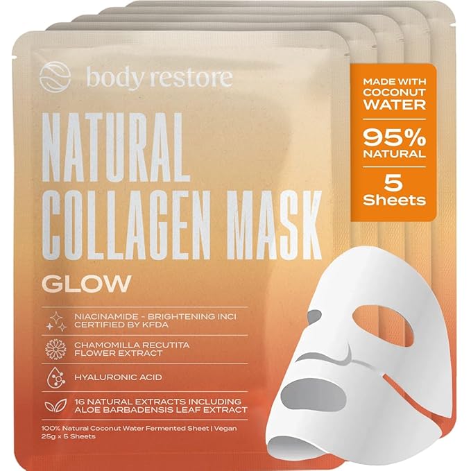 Body Restore Natural Collagen Face Mask 5 Pack – Valentines Day Gifts for Her and Him, Korean Skin Care Mask with Fermented Coconut Water, Birthday Gifts for Women & Men, Dry Skin – Glow