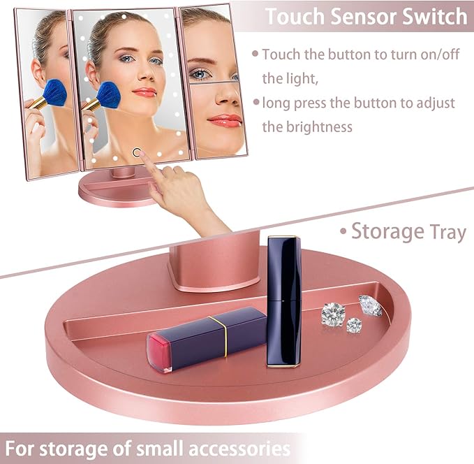 deweisn Dresser Mount Tri-Fold Lighted Vanity Mirror with 21 LED Lights, Touch Screen and 3X/2X/1X Magnification, Two Power Supply Modes Make Up Mirror,Travel Mirror