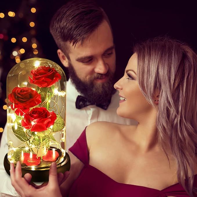 Valentines Day Gifts for Her,Beauty and The Beast Rose in Glass Dome,Anniversary Rose Gifts for Wife,Valentines Flowers Birthday Gifts for Women,Romantic Red Silk Rose Flower Gifts for Women