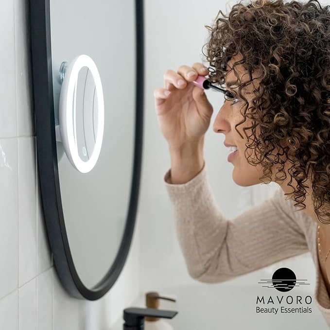Mavoro 6.8" LED Magnifying Mirror with 3 Strong Suction Cups | 10X Magnification | Portable Lighted Travel Makeup & Cosmetic Mirror with Light (USB-C Rechargeable Built-in Battery |10X)