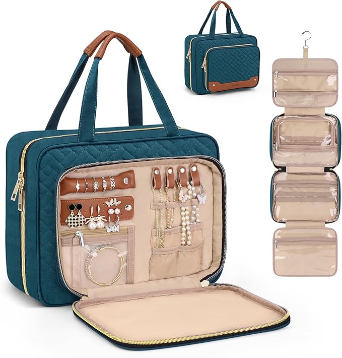 Wedama Toiletry Bag for Women, Hanging Travel Toiletry Bag with Jewelry Organizer Compartment Large Makeup Bag, PVC Waterproof Cosmetic Travel Bag for Travel Business Trips Camping Bathroom, Blue